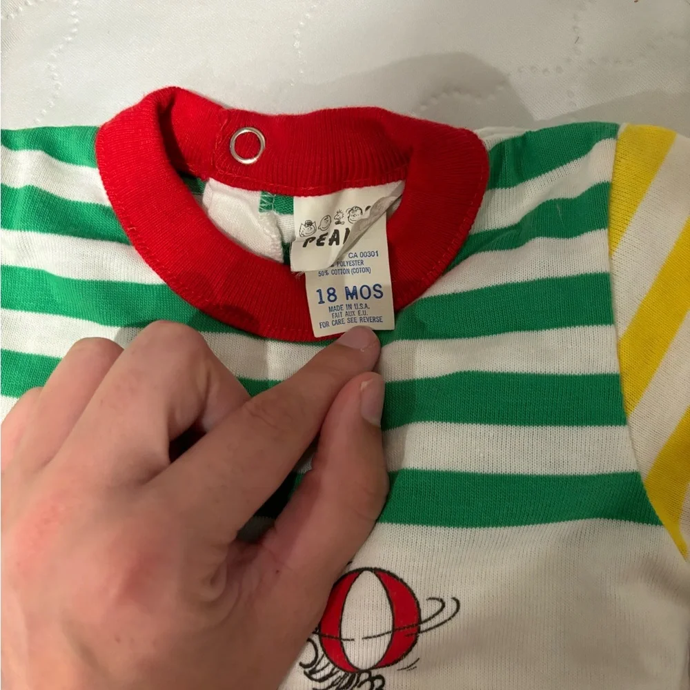 Vintage Peanuts Snoopy Baby Striped Green & White Top with Red Trim - 18 Months